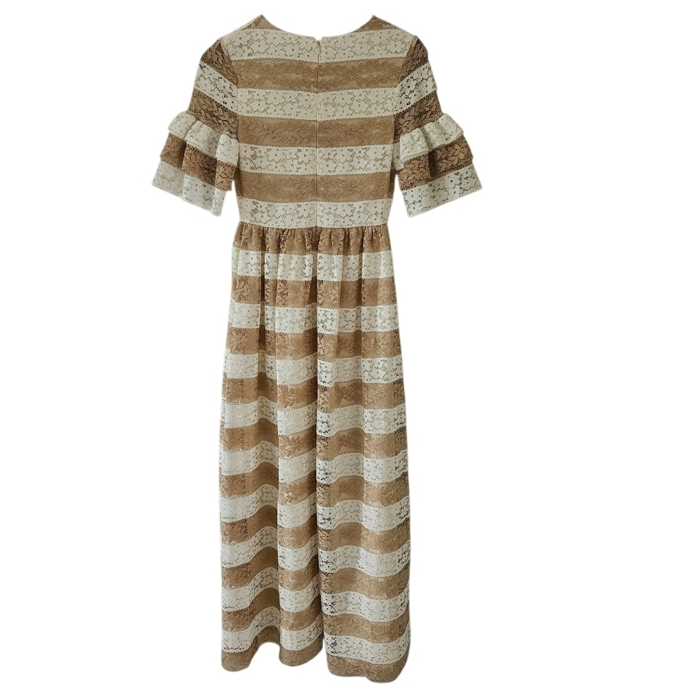 Huishan Zhang Resort 2017 Tan And White Stripe Lace Tiered Maxi Dress — image 7 of 8
